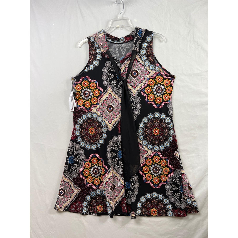 Robbie Bee Dress Womens 1X Black Red Mustard Mandala Tie Back Retro Mini New